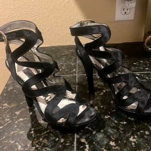 Bebe Black Satin Platform Heels